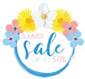 Flower banner with text summer sale on white background with beautiful flowers. Artistic design vector banners, greeting Royalty Free Stock Photo