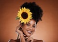 Flower, beauty and woman or portrait for skincare, haircare and natural health or wellness. Sunflower, nature and black Royalty Free Stock Photo
