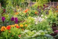 flower bed overflowing with colorful blooms and vegetable garden brimming with bounty Royalty Free Stock Photo