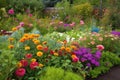 flower bed overflowing with colorful blooms and vegetable garden brimming with bounty Royalty Free Stock Photo