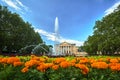 Flower beds, fountain and facade of the historic opera building Royalty Free Stock Photo