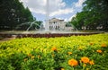 Flower beds, fountain and facade of the historic opera building Royalty Free Stock Photo