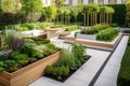 flower beds and vegetable patches in a modern backyard, with sleek furniture and accessories