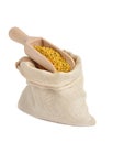 Flower bee pollen in a bag of natural cloth and a wooden slove is isolated on a white background.Natural remedy for