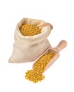 Flower bee pollen in a bag of natural cloth and a wooden slove is isolated on a white background.Natural remedy for