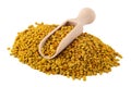Flower bee pollen and a wooden slove is isolated on a white background. Beekeeping products. Apitherapy.