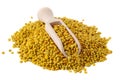 Flower bee pollen and a wooden slove is isolated on a white background. Natural remedy for immunity enhancement