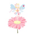 Fairy princess with butterfly wings abov pink flower bow and arrrow colorful illustration for children coloring page