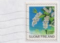 Flower Bird Cherry Hackberry (Prunus padus) on a 1997 Finland postage stamp Royalty Free Stock Photo
