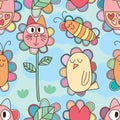 Flower bird owl cat plant butterfly seamless pattern Royalty Free Stock Photo