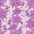 Flower bird vertical star flower purple color seamless pattern