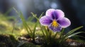 Photorealistic Macro: Violet And Silver Pansy With Dripping Water On Moss