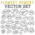 Flower Blooms Vector Set with lined stems, leaves, buds, and florals Royalty Free Stock Photo