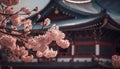 Flower blossom, tree architecture, nature beauty in pink season generated by AI