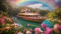 flower boat in the morning A fantasy motor yacht boat in a rainbow river, with flowers, Royalty Free Stock Photo