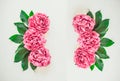 Flower border pattern frame made of bright pink buds peony bouquet on a white wooden background. Floral texture mockup. Flat lay, Royalty Free Stock Photo