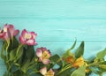 Flower bouquet alstroemeria plant arrangement beauty decorative on a wooden background, frame Royalty Free Stock Photo