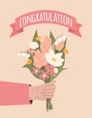 Flower bouquet banner. Rose bunch for gift, beautiful floral romantic card design. Congratulation text on pink satin Royalty Free Stock Photo