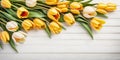 Flower Bouquet of beautiful golden fresh tulip on white background.,Top view.