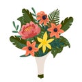 Flower bouquet, bunch of pink and yellow flowers and green branches. Vector illustration in flat cartoon style on white Royalty Free Stock Photo