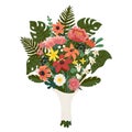 Flower bouquet, bunch of pink and yellow flowers and green branches. Vector illustration in flat cartoon style on white