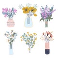 Flower bouquet. Bunch of plants in vase and glass bottle collection. Blooming wild and garden flowers, decorative