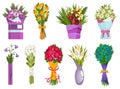 Flower bouquet icon set. Cartoon blooming bunch of plants for vase or pots. Colorful meadow greenery, garden flowers