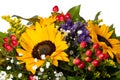 Flower bouquet isolated. Bouquet of beautiful fresh sunflowers top view isolated on a white background. Flower decorations design Royalty Free Stock Photo