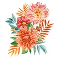 Flower bouquet isolated on white background for decoration. dahlia and autumn orange leaves, watercolor hand drawing Royalty Free Stock Photo