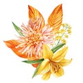 Flower bouquet isolated white background for decoration. dahlia, lily and autumn yellow leaves, watercolor hand drawing Royalty Free Stock Photo