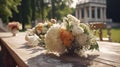 Flower bouquet at the outdoor dinning table as decoration for wedding reception dinner event Royalty Free Stock Photo