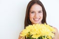 Flower bouquet, portrait and happy studio woman with floral product, sustainable gift or yellow spring present. Mockup Royalty Free Stock Photo