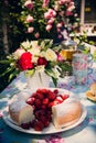 Flower bouquet of roses and angelfood cake