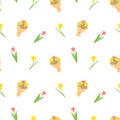 Flower bouquet seamless pattern with pink tulip and yellow daffodil. Vector spring illustration background Royalty Free Stock Photo