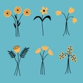 Flower bouquet set. Different yellow flowers. Daisy, rose, tulip, gerbera. Cute colorful icon collection. Home decoration. Blue Royalty Free Stock Photo