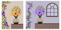 Flower bouquet in vase on brick wall background with clambering flowers and window.