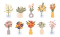 Flower bouquet in vase. Bunch of plants, floral bloom garden, cute decoration glass bottle with meadow tulips and peony