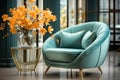 Flower bouquets in large luxury interior home with turquoise chair Royalty Free Stock Photo