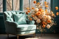 Flower bouquets in large luxury interior home with turquoise chair Royalty Free Stock Photo