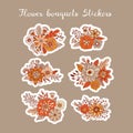 Flower bouquets vector stickers. Hand drawn floral ornaments for labels and tags design