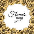 Flower boutique logo template in ivory roses frame. Vector