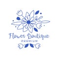 Flower boutique premium logo design, floral emblem, florists, flower shop badge hand drawn vector Illustration in blue Royalty Free Stock Photo