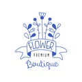 Flower boutique premium logo, lorists, flower shop badge hand drawn vector Illustration in blue color on a white Royalty Free Stock Photo
