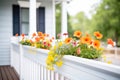 flower boxes on farmhouse porch railings, bright blooms visible Royalty Free Stock Photo