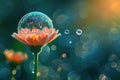 a flower with bubbles floating on it, photorealistic image of a single bubble hovering over a dew-covered flower Royalty Free Stock Photo