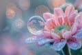 a flower with bubbles floating on it, photorealistic image of a single bubble hovering over a dew-covered flower Royalty Free Stock Photo