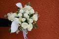 flower bucket in hand against red wall background