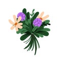 Flower bunch. Blossomed floral bouquet. Spring blooms, summer leaf branches, buds in modern style. Fresh garden gift