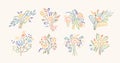 Flower bunches of abstract shapes in modern line art style. Spring floral bouquets, romantic gift. Creative drawings set