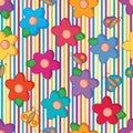 Flower butterfly cartoon colorful stripe seamless pattern Royalty Free Stock Photo